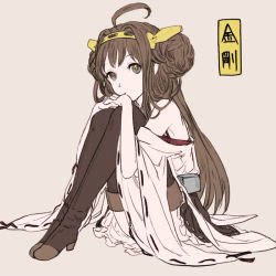 Rule 34 | 10s, 1girl, ahoge, bare shoulders, boots, brown eyes, brown hair, character name, egawa satsuki, headgear, kantai collection, kongou (kancolle), long hair, looking at viewer, sitting, skirt, solo, thigh boots, thighhighs