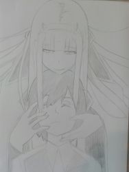 Rule 34 | 10s, 1boy, 1girl, chin rest, closed eyes, couple, darling in the franxx, fringe trim, greyscale, hair ornament, hairband, hands on another&#039;s face, head on head, head rest, hetero, hiro (darling in the franxx), horns, hug, hug from behind, long hair, looking at another, military, military uniform, monochrome, oni horns, shatterme, short hair, uniform, zero two (darling in the franxx)