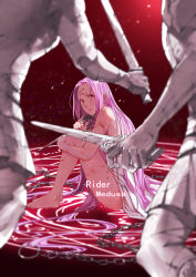 Rule 34 | 10s, 1girl, bare arms, bare legs, barefoot, blood, bloody weapon, blurry, chain, character name, closed mouth, crack, crying, crying with eyes open, cuts, depth of field, facial mark, fate/extra, fate/grand order, fate/stay night, fate (series), forehead mark, gradient background, highres, holding, holding sword, holding weapon, hugging own legs, injury, jun ling, light particles, long hair, looking at viewer, magic circle, medusa (fate), medusa (rider) (fate), motion blur, nameless dagger (fate), petrification, purple hair, red background, red eyes, scratches, sitting, solo, spikes, statue, sword, tears, very long hair, weapon