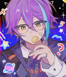 Rule 34 | 1boy, ?, aqua hair, bandaid, bandaid on face, bespectacled, black-framed eyewear, black background, blue background, blue sweater, buttons, candy, commentary, covered mouth, earrings, eyewear visible through hair, food, glasses, gradient background, hair behind eyewear, hair between eyes, highres, hisakawa sora, holding, holding candy, holding food, holding lollipop, jewelry, kamishiro rui, lollipop, long bangs, long sleeves, looking at viewer, male focus, multicolored background, multicolored hair, over-rim eyewear, planet, portrait, project sekai, purple hair, semi-rimless eyewear, shirt, short hair, solo, sparkle, star (symbol), straight-on, strap, streaked hair, stud earrings, sweater, two-tone hair, upper body, white shirt, yellow eyes