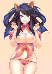 Rule 34 | 1girl, 33 (chuanxcc), animal ears, bad id, black eyes, black hair, blush, breasts, cat ears, groin, highres, large breasts, long hair, mkiiiiii, nipples, open mouth, solo, twintails