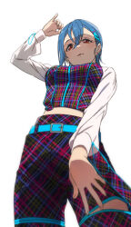 Rule 34 | 1girl, belt, blue belt, blue hair, breasts, dancing raspberry, feet out of frame, from below, hair between eyes, hair ornament, hairclip, hand on own thigh, long sleeves, looking at viewer, love live!, love live! superstar!!, medium breasts, midriff, multicolored pants, multicolored shirt, pants, parted lips, pinghaininghai, red eyes, short hair, solo, upper body, wakana shiki, white background, white sleeves