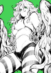 Rule 34 | 1girl, absurdres, bare shoulders, breasts, clothes writing, commentary, feathered wings, feathers, green background, green eyes, green theme, greyscale with colored background, harpy, highres, impossible clothes, licking lips, long hair, medium breasts, messy hair, midriff, monet (one piece), monster girl, navel, one piece, solo, spot color, striped clothes, striped thighhighs, thighhighs, tongue, tongue out, very long hair, winged arms, wings, yotsumi shiro