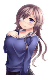 Rule 34 | 1girl, breasts, brown hair, commentary request, eyepatch, hair between eyes, hand on own chest, large breasts, long hair, long sleeves, looking at viewer, medical eyepatch, neit ni sei, one eye covered, original, purple eyes, shadow, skirt, smile, solo, sweater, upper body, white background