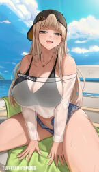 Rule 34 | 1girl, arms between legs, backwards hat, bandaid, bare shoulders, black hat, black panties, blonde hair, blue eyes, blue shorts, blue sky, blush, breasts, centi (nikke), centi (supreme holiday) (nikke), cleavage, collarbone, commission, goddess of victory: nikke, hat, highres, large breasts, long hair, long sleeves, looking at viewer, midriff, navel, off-shoulder shirt, off shoulder, official alternate costume, open fly, open mouth, outdoors, panties, panty peek, see-through, shirt, short shorts, shorts, sitting, sky, smile, solo, spiz, teeth, thighs, unbuttoned, underwear, upper teeth only