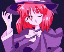 Rule 34 | 1990s (style), 1girl, ;d, bow, capelet, dress, hanadi detazo, hat, hat bow, kirisame marisa, kirisame marisa (pc-98), long sleeves, one eye closed, open mouth, purple dress, red eyes, red hair, retro artstyle, short hair, smile, story of eastern wonderland, textless version, touhou, touhou (pc-98), white bow, witch hat