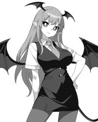 Rule 34 | 1girl, arm behind back, bat wings, breasts, collared shirt, cowboy shot, greyscale, head wings, highres, koakuma, large breasts, long hair, looking at viewer, monochrome, necktie, onkn sxkn, pantyhose, pencil skirt, pointy ears, shirt, short sleeves, sidelocks, simple background, skirt, smile, solo, tail, touhou, vest, white background, wings