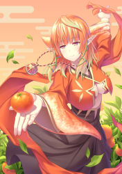 Rule 34 | 1girl, black skirt, blunt bangs, breasts, cleavage, cleavage cutout, closed mouth, clothing cutout, cowboy shot, dancing, elf, ese shinshi, food, foreshortening, fruit, hair ornament, japanese clothes, jewelry, kimono, large breasts, leaf, long hair, long skirt, looking at viewer, mandarin orange, necklace, orange hair, original, pink eyes, pointy ears, skirt, smile, solo, wide sleeves