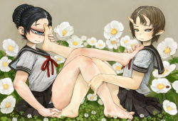 Rule 34 | 2girls, bare legs, barefoot, black hair, black sailor collar, black skirt, blue eyes, blush, braid, brown hair, bug, closed mouth, commentary request, cyclops, ebimomo, flower, foot on another&#039;s face, from side, green eyes, hair bun, horns, insect, ladybug, looking at viewer, mole, mole under eye, multiple girls, neck ribbon, one-eyed, oni, original, pleated skirt, pointy ears, red ribbon, ribbon, sailor collar, school uniform, shirt, short sleeves, single hair bun, sitting, skirt, smile, toenails, white flower, white shirt