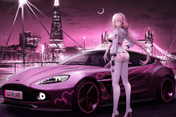 Rule 34 | 1girl, absurdres, alternate costume, ass, ass cutout, aston martin, azur lane, back cutout, bikini, black bikini, black gloves, boots, breasts, car, cleavage, closed mouth, clothing cutout, commentary, england, fingerless gloves, floating hair, from behind, full body, gloves, hair between eyes, hand on own hip, headphones, high heel boots, high heels, highres, jacket, kcar66t, large breasts, london, long hair, looking at viewer, motor vehicle, night, outdoors, perseus (azur lane), photo background, pink eyes, pink hair, race queen, real world location, royal navy emblem (azur lane), sidelocks, solo, standing, swimsuit, thong, tower bridge (london), twintails, underwear, united kingdom, vehicle request, white footwear, white jacket