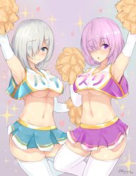 Rule 34 | 10s, 2girls, alternate costume, arm up, armpits, arms up, artist name, bare shoulders, blue eyes, blue skirt, blush, breasts, cheerleader, commentary request, dated, elbow gloves, eyes visible through hair, fate/grand order, fate (series), gloves, hair ornament, hair over one eye, hairclip, hamakaze (kancolle), heart, hip focus, kantai collection, kuavera, large breasts, look-alike, looking at viewer, looking to the side, mash kyrielight, midriff, multiple girls, navel, open mouth, pink hair, pleated skirt, pom pom (cheerleading), purple background, purple eyes, purple hair, purple skirt, shiny skin, short hair, sideboob, silver hair, simple background, skirt, smile, sparkle, sweat, thighhighs, thighs, trait connection, twitter username, underboob, white gloves, white legwear