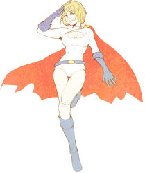 Rule 34 | 1girl, alien, animification, bare legs, belt, blonde hair, blue eyes, blue footwear, boots, breasts, cape, cleavage, cleavage cutout, clothing cutout, dc comics, emily hu, flying, full body, gloves, knee boots, kryptonian, large breasts, leotard, power girl, red cape, salute, shoes, simple background, solo, superhero costume, superman (series), thigh gap, white background