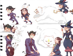 Rule 34 | 1boy, 2girls, :o, absurdres, andrew hanbridge, animal ears, arcas (little witch academia), bear, blue hair, blue skirt, broom, broom riding, brown eyes, brown footwear, brown hair, closed eyes, clothes pull, english text, glasses, green eyes, hat, hat feather, highres, holding, holding wand, kagari atsuko, little witch academia, long hair, marii pily, multiple girls, multiple views, pants, pants pull, rabbit ears, school uniform, shiny rod (little witch academia), sitting, skirt, speech bubble, tail, teeth, underwear, ursula callistis, wand, witch hat