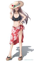 Rule 34 | 1girl, aqua ribbon, bare arms, bare legs, bikini, black bikini, blush, bracelet, breasts, brown hair, cleavage, closed mouth, commentary, floating hair, floral print, flower, flower hat, flower request, frilled bikini, frills, full body, gradient background, grey background, hand on own hip, hand up, hat, hat ribbon, highres, jewelry, kakuremino7928, legs apart, long hair, looking at viewer, medium breasts, nail polish, navel, o-ring, o-ring bikini, one eye covered, original, platform footwear, print sarong, red eyes, red flower, red nails, red sarong, ribbon, sandals, sarong, shadow, simple background, slit pupils, smile, solo, standing, stomach, straw hat, swimsuit, toenails, twitter username, very long hair, white background, white flower