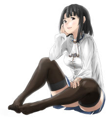 Rule 34 | 1girl, black hair, black pantyhose, black thighhighs, blouse, blue skirt, blush, breasts, closed mouth, feet, highres, kantai collection, looking at viewer, medium breasts, medium hair, miniskirt, no shoes, pantyhose, red eyes, shirt, simple background, sitting, skirt, solo, takao (kancolle), tama (tamago), thighhighs, white background, white shirt