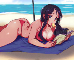 Rule 34 | 1girl, akiyama mio, alternate breast size, ass, beach, beach umbrella, bikini, black hair, book, breasts, butt crack, cleavage, covered erect nipples, day, dimples of venus, fingernails, food, food in mouth, highres, horizon, k-on!, keigi, large breasts, long hair, looking at viewer, lying, messy hair, ocean, aged up, on stomach, open book, popsicle, purple eyes, reading, red bikini, sand, sexually suggestive, sidelocks, solo, swimsuit, tan, thick thighs, thighs, thong bikini, tongue, umbrella