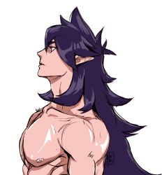 Rule 34 | 1boy, black hair, fengxi (the legend of luoxiaohei), hopahopa88, long hair, male focus, nipples, nude, parted lips, pectorals, pointy ears, profile, shadow, simple background, solo, luo xiaohei zhanji, white background