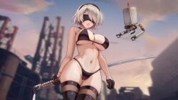 Rule 34 | 1girl, absurdres, bikini, black bikini, black blindfold, black gloves, black hairband, blindfold, breasts, foxyreine, gloves, hairband, highres, holding, holding sword, holding weapon, large breasts, mole, mole on breast, mole under mouth, navel, nier:automata, nier (series), short hair, solo, swimsuit, sword, thigh gap, thighhighs, weapon, white hair, 2b (nier:automata)