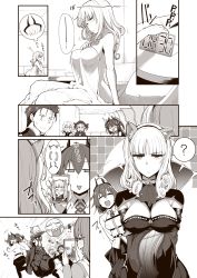 Rule 34 | 1boy, 6+girls, ?, alarm clock, animal ears, ass, bed sheet, breasts, carmilla (fate), cellphone, chaldea uniform, chasing, cleavage, clock, commentary request, crossed arms, cu chulainn (fate), cu chulainn (fate/stay night), curly hair, elizabeth bathory (fate), embarrassed, fake animal ears, fang, fate/grand order, fate (series), fleeing, fue (rhomphair), fujimaru ritsuka (female), greyscale, hairband, hat, highres, horns, jack the ripper (fate/apocrypha), large breasts, long hair, mash kyrielight, monochrome, multiple girls, naked sheet, nursery rhyme (fate), phone, pointy ears, running, short hair, sideboob, sleepy, smartphone, speech bubble, spoken question mark, waking up