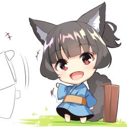 Rule 34 | +++, 1girl, :d, afterimage, animal ears, barefoot, black hair, blue kimono, chibi, commentary request, fox ears, fox girl, fox tail, japanese clothes, kimono, long sleeves, obi, open mouth, original, red eyes, sash, short hair, sidelocks, smile, solo focus, suitcase, tail, tail raised, waving, white background, wide sleeves, yuuji (yukimimi)