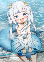 Rule 34 | 1girl, :d, absurdres, bare shoulders, blue dress, blue eyes, blue hair, blush, braid, collarbone, commentary, dress, fins, fish tail, gawr gura, gawr gura (party dress), glint, gradient dress, highres, holding, hololive, hololive english, jiu (sdesd3205), long hair, looking at viewer, multicolored hair, open mouth, shallow water, shark tail, sharp teeth, sitting, smile, solo, streaked hair, tail, teeth, twintails, virtual youtuber, wariza, water, white dress, white hair