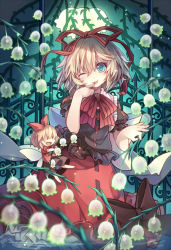 Rule 34 | 1girl, blonde hair, blue hair, doll, dress, female focus, finger to mouth, flower, hair ribbon, lily of the valley, looking at viewer, medicine melancholy, one eye closed, ribbon, skirt, solo, su-san, tongue, tongue out, touhou, wings, wink, yayin (yayin233)