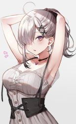 Rule 34 | 1girl, ahoge, armpits, breasts, cleavage, corset, gem, grey background, grey hair, hair ornament, hair over one eye, highres, jewelry, large breasts, light blush, long hair, looking back, mia (fai1510), necklace, nijisanji, ponytail, purple eyes, scrunchie, simple background, solo, sukoya kana, tying hair, upper body, virtual youtuber, x hair ornament