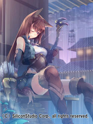 Rule 34 | 1girl, absurdres, animal ears, boots, bow (weapon), brown eyes, brown hair, corset, elbow gloves, gloves, gyakushuu no fantasica, highres, kokka han, long hair, one eye closed, rain, shorts, solo, tail, thigh boots, thighhighs, underbust, weapon, wet, wet clothes