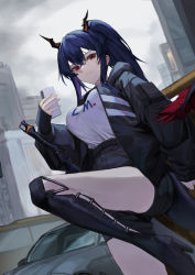 Rule 34 | 1girl, absurdres, alternate hairstyle, arknights, black jacket, black legwear, black shorts, blue hair, boots, breasts, building, car, cellphone, ch&#039;en (arknights), closed mouth, clothes writing, crossed bangs, dragon girl, dragon horns, dragon tail, foot out of frame, from below, fur-tipped tail, grey sky, hair between eyes, heart, highres, holding, holding phone, horns, jacket, knee boots, large breasts, long hair, looking at viewer, looking down, molyb, motor vehicle, open clothes, open jacket, outdoors, phone, ponytail, red eyes, sheath, sheathed, shorts, sidelocks, sitting, sky, skyscraper, smartphone, smile, solo, sword, tail, weapon