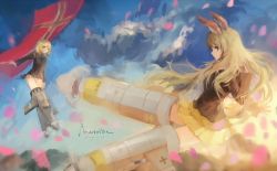Rule 34 | 2girls, artist name, blonde hair, blue eyes, cloud, dated, erica hartmann, flag, flying, hanna-justina marseille, head wings, jacket, kleinlight, long hair, long sleeves, military, military uniform, miniskirt, multiple girls, panties, petals, pleated skirt, sadoma, short hair, skirt, strike witches, striker unit, underwear, uniform, white panties, wings, witches of africa, world witches series