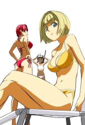 Rule 34 | 00s, 3girls, adjusting clothes, adjusting swimsuit, alice l. malvin, antenna hair, ass, back, bandeau, bikini, black hair, blonde hair, blue eyes, bob cut, breasts, chair, cigarette, cleavage, crossed legs, diving mask, flat chest, goggles, highres, large breasts, legs, lili stecchin, long legs, looking at viewer, looking back, lounge chair, machs, mouth hold, multiple girls, navel, non-web source, pumpkin scissors, red bikini, red hair, short twintails, side-tie bikini bottom, sitting, smile, snorkel, strapless, swimsuit, thighs, tube top, twintails, webner, white bikini, yellow bikini
