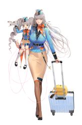 Rule 34 | 2girls, absurdres, aircraft, airplane, black footwear, black survival, blue jacket, breasts, brown eyes, chloe lim, ddollydonut, doll joints, flight attendant, grey hair, hat, highres, huge breasts, jacket, joints, long hair, marionette, multiple girls, nina (black survival), official alternate costume, pantyhose, pencil skirt, puppet, skirt, suitcase, thread, toy, transparent background, travel attendant, twintails
