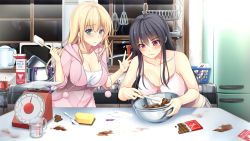 Rule 34 | 2girls, ayase hazuki, bare shoulders, black hair, blonde hair, blush, breasts, butter, chobipero, chocolate, cleavage, cooking, game cg, green eyes, hoodie, indoors, kitchen, large breasts, long hair, looking down, mole, mole under eye, multiple girls, pink eyes, sleeveless, standing, table, window, zannen na ane to no love comedy