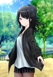 Rule 34 | 1girl, absurdres, bench, black hair, black jacket, black shorts, blue eyes, blue shirt, blush, breasts, highres, idolmaster, idolmaster shiny colors, jacket, jewelry, kazano hiori, long hair, long sleeves, looking at viewer, mole, mole under mouth, necklace, open clothes, open jacket, outdoors, pantyhose, pantyhose under shorts, ponytail, ring, ring necklace, shirt, shorts, small breasts, smile, solo, striped clothes, striped shorts, sun, sunlight, takapchan1005, tree