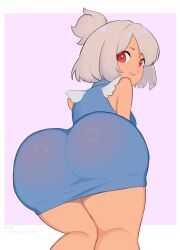 Rule 34 | 1girl, absurdres, ass, ass focus, blush, breasts, dazz chan, dress, from behind, highres, looking at viewer, looking back, medium breasts, original, red eyes, short hair, simple background, smile, solo, thick thighs, thighs, white hair