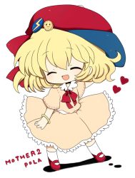 Rule 34 | 1girl, ^ ^, bad id, bad pixiv id, blonde hair, borrowed clothes, bracelet, child, closed eyes, copyright name, english text, engrish text, full body, haru (kyou), hat, jewelry, kneehighs, mother (game), mother 2, nintendo, paula (mother 2), ranguage, simple background, smile, socks, solo, standing, white background