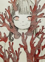 Rule 34 | 1girl, bubble, coral, coral reef, expressionless, highres, kapura, limited palette, long hair, looking at viewer, original, pink eyes, solo, traditional media, upper body
