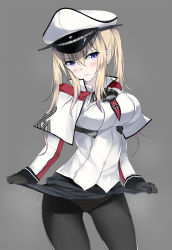 Rule 34 | 10s, 1girl, bba1985, blonde hair, blue eyes, blush, breasts, capelet, celtic knot, clothes lift, eyelashes, female focus, graf zeppelin (kancolle), grey background, hat, highres, kantai collection, large breasts, miniskirt, multicolored eyes, multicolored hair, panties, panties under pantyhose, pantyhose, peaked cap, pink eyes, purple hair, simple background, skirt, skirt lift, solo, twintails, underwear, uniform, water drop