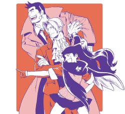 Rule 34 | 1girl, 2boys, ace attorney, ace attorney investigations, ascot, bandaid, bandaid on face, closed mouth, collared shirt, dick gumshoe, facial hair, from side, gloves, hair intakes, hand on own hip, high ponytail, highres, jacket, kay faraday, key hair ornament, limited palette, long hair, long sleeves, miles edgeworth, multiple boys, necktie, nitako, open mouth, pencil behind ear, pointing, ponytail, shirt, short hair, skirt, sleeves rolled up, smile, standing, stubble