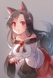 Rule 34 | 1girl, 60mai, animal ears, bare shoulders, blush, breasts, brooch, brown hair, collarbone, commentary request, cowboy shot, dress, fingernails, grey background, imaizumi kagerou, jewelry, leaning forward, long hair, long sleeves, looking at viewer, medium breasts, multicolored clothes, multicolored dress, nail polish, off-shoulder dress, off shoulder, open mouth, red dress, red eyes, red nails, sharp fingernails, simple background, solo, tail, touhou, white dress, wide sleeves, wolf ears, wolf tail