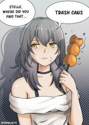 Rule 34 | 1girl, :t, bare shoulders, black choker, bra strap, bug, choker, commentary, drop shadow, fly, food, food on face, grey background, grey hair, hair between eyes, halftone, halftone background, highres, holding, holding food, honkai: star rail, honkai (series), insect, jazzer edwin, long hair, looking at viewer, off-shoulder shirt, off shoulder, shirt, solo, speech bubble, stelle (honkai: star rail), trailblazer (honkai: star rail), upper body, white shirt, yellow eyes