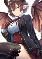 Rule 34 | 1girl, absurdres, black jacket, black thighhighs, blazer, blush, breasts, brown hair, buttons, center frills, dragon girl, dragon horns, dragon tail, dragon wings, frills, granblue fantasy, grea (shingeki no bahamut), hair between eyes, highres, horns, jacket, jun project, large breasts, long sleeves, looking at viewer, plaid, plaid skirt, pointy ears, red eyes, red skirt, shingeki no bahamut, shirt, short hair, simple background, skirt, solo, tail, thighhighs, white background, white shirt, wings, zettai ryouiki