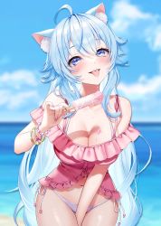 Rule 34 | 1girl, ahoge, artist request, bangle, bare shoulders, bead bracelet, beads, between legs, bikini, bikini under clothes, blue eyes, blue hair, blurry, blurry background, bracelet, breasts, cleavage, cowboy shot, depth of field, dripping, drooling, food, frilled shirt, frills, halterneck, highres, holding, indie virtual youtuber, jewelry, kanase ito, large breasts, long hair, looking at viewer, nail polish, navel, no pants, off shoulder, open mouth, pink shirt, popsicle, shirt, side-tie bikini bottom, smile, solo, string bikini, swimsuit, thighs, tongue, tongue out, very long hair, virtual youtuber, white bikini