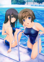 Rule 34 | 2girls, absurdres, aged down, arm support, ass, bare shoulders, black eyes, black hair, blunt bangs, breasts, brown hair, collarbone, competition swimsuit, covered navel, day, from behind, highres, kneeling, leg up, long hair, looking at viewer, looking back, medium breasts, multiple girls, muv-luv, muv-luv alternative, muv-luv total eclipse, one-piece swimsuit, open mouth, outdoors, pool ladder, poolside, purple eyes, scan, short hair, sitting, soaking feet, swimsuit, takamura yui, water, wet, yamashiro kazusa