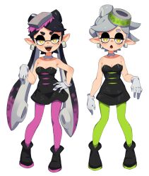 Rule 34 | 2girls, :3, arm at side, bare shoulders, black dress, black footwear, black hair, blush, boots, bow-shaped hair, breasts, callie (splatoon), cleavage, collarbone, detached collar, dress, earrings, fangs, female focus, flowers-imh, full body, gloves, gradient hair, green pantyhose, grey hair, half-closed eyes, hand on own hip, hand up, happy, highres, inkling, jewelry, legs, long hair, looking at viewer, marie (splatoon), mole, mole under eye, multicolored hair, multiple girls, nintendo, object on head, open mouth, pantyhose, pointy ears, purple hair, purple pantyhose, short dress, short hair, siblings, simple background, sisters, small breasts, smile, splatoon (series), splatoon 1, standing, straight-on, strapless, strapless dress, suction cups, swept bangs, symmetry, teeth, tentacle hair, tentacles, twintails, two-tone hair, v-shaped eyebrows, white background, white gloves, yellow eyes