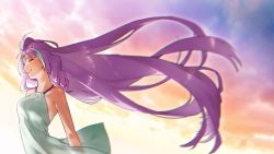 Rule 34 | 1girl, absurdly long hair, arm behind back, bad id, bad pixiv id, closed eyes, collarbone, day, dress, floating hair, from side, long hair, macross, macross delta, mikumo guynemer, multicolored hair, outdoors, pote-mm, purple hair, shiny skin, short dress, sleeveless, sleeveless dress, smile, solo, standing, streaked hair, sundress, two-tone hair, very long hair, white dress