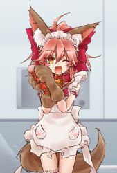 Rule 34 | 1girl, animal ears, animal hands, apron, bell, blush stickers, collar, fang, fate/grand order, fate (series), fox ears, fox tail, gloves, hair ribbon, highres, ketchup, long hair, looking at viewer, naked apron, neck bell, one eye closed, open mouth, paw gloves, pink hair, ribbon, solo, tail, takuan lte, tamamo (fate), tamamo cat (fate), tamamo cat (third ascension) (fate), tamamo no mae (fate/extra), yellow eyes