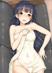 Rule 34 | 1girl, black hair, blush, breasts, brown eyes, couch, covered navel, cowboy shot, hand on own chest, highres, irido yume, large breasts, long hair, looking at viewer, lying, mamahaha no tsurego ga moto kano datta, naked towel, nose blush, novel illustration, official art, on back, on couch, open mouth, solo, sweatdrop, takayaki, textless version, towel, wavy mouth