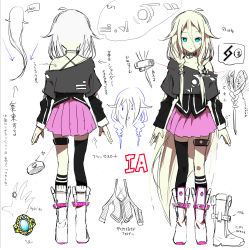 Rule 34 | 1girl, absurdres, ahoge, akasaka aka, aqua eyes, bare shoulders, black shirt, blouse, boots, braid, character sheet, choker, detached sleeves, full body, highres, ia (vocaloid), long hair, looking at viewer, multiple views, off-shoulder shirt, off shoulder, shirt, side braid, single thighhigh, skirt, standing, thigh strap, thighhighs, translation request, twin braids, twintails, very long hair, vocaloid, white background