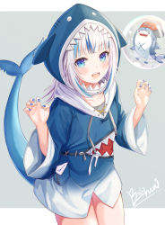 Rule 34 | 1girl, :d, animal hood, bloop (gawr gura), blue eyes, blue hair, blue hoodie, blue nails, commentary, fins, fish tail, funii, gawr gura, gawr gura (1st costume), grey background, hands up, highres, hololive, hololive english, hood, hood up, hoodie, long hair, looking at viewer, multicolored hair, nail polish, open mouth, shark hood, shark tail, sharp teeth, signature, silver hair, smile, streaked hair, symbol-only commentary, tail, tail raised, teeth, two-tone background, virtual youtuber, white background
